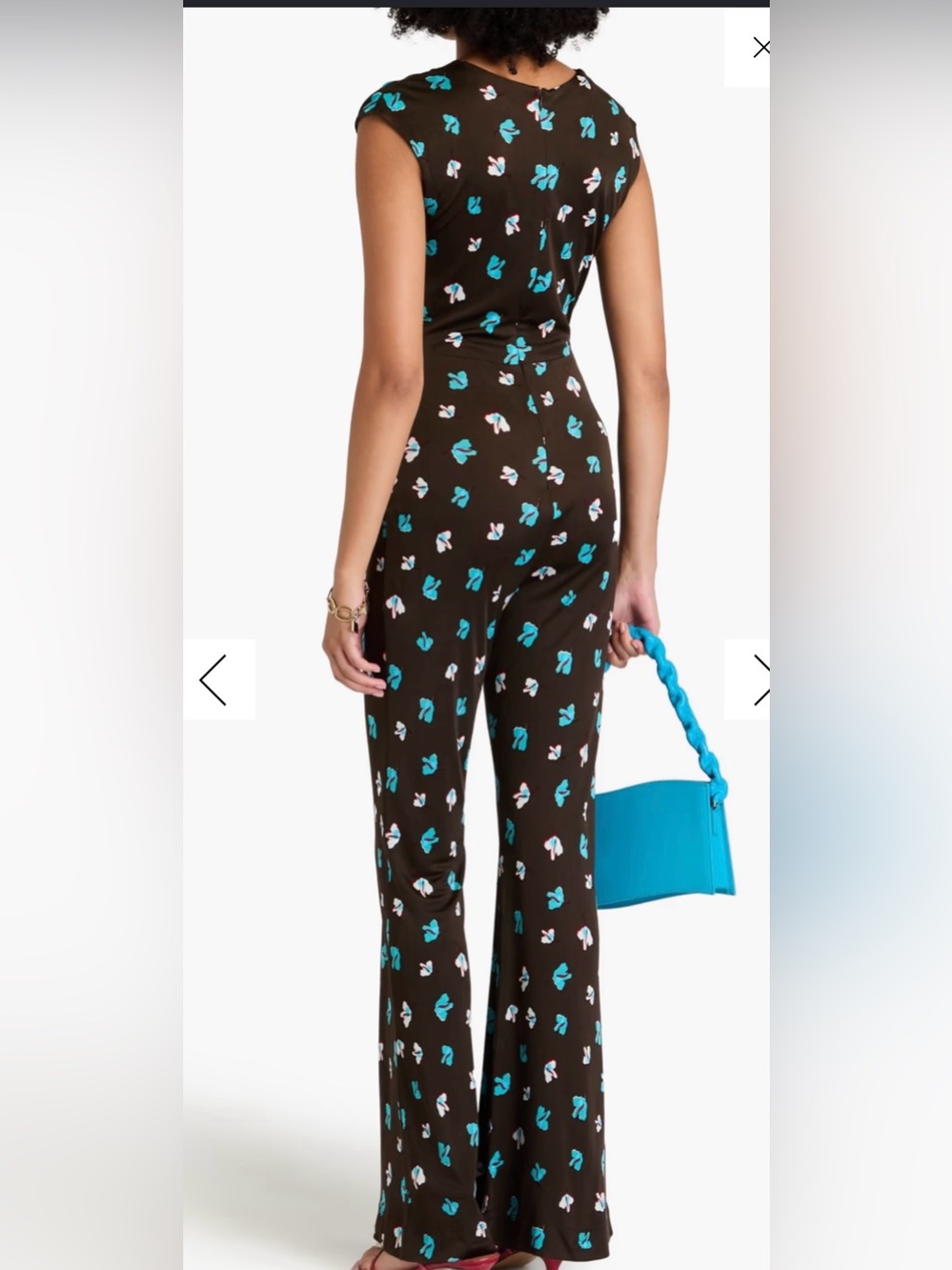 Diane Von Furstenberg Black Jumpsuit with Turquoise & White Floral Print - Picture 3 of 5